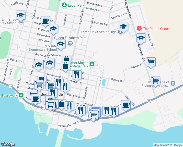 map of restaurants, bars, coffee shops, grocery stores, and more near 127 Ottawa Street in Summerside