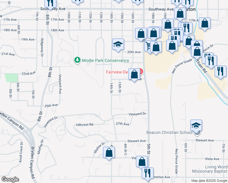 map of restaurants, bars, coffee shops, grocery stores, and more near 2327 14th Street in Lewiston