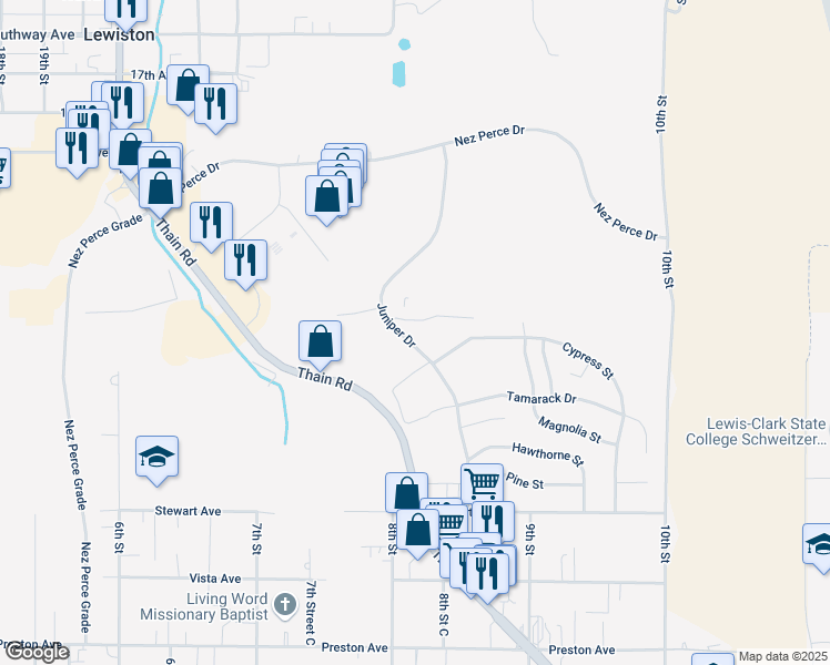 map of restaurants, bars, coffee shops, grocery stores, and more near 2945 Juniper Drive in Lewiston