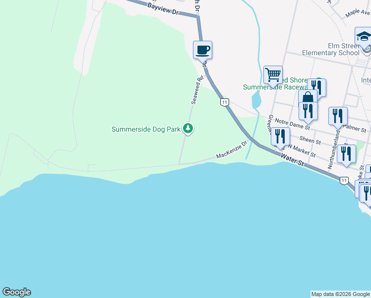 map of restaurants, bars, coffee shops, grocery stores, and more near 15 Seaweed Road in Summerside