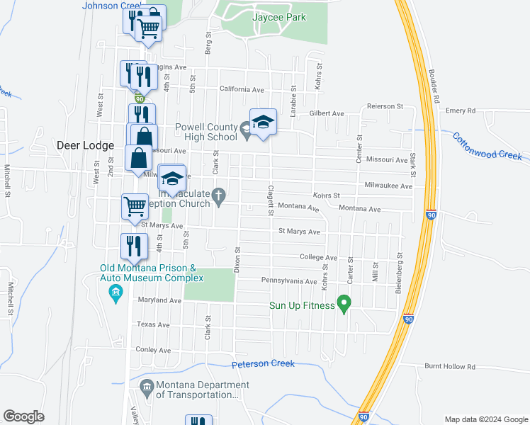 map of restaurants, bars, coffee shops, grocery stores, and more near 702 Montana Avenue in Deer Lodge