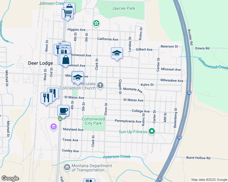 map of restaurants, bars, coffee shops, grocery stores, and more near 702 Montana Avenue in Deer Lodge