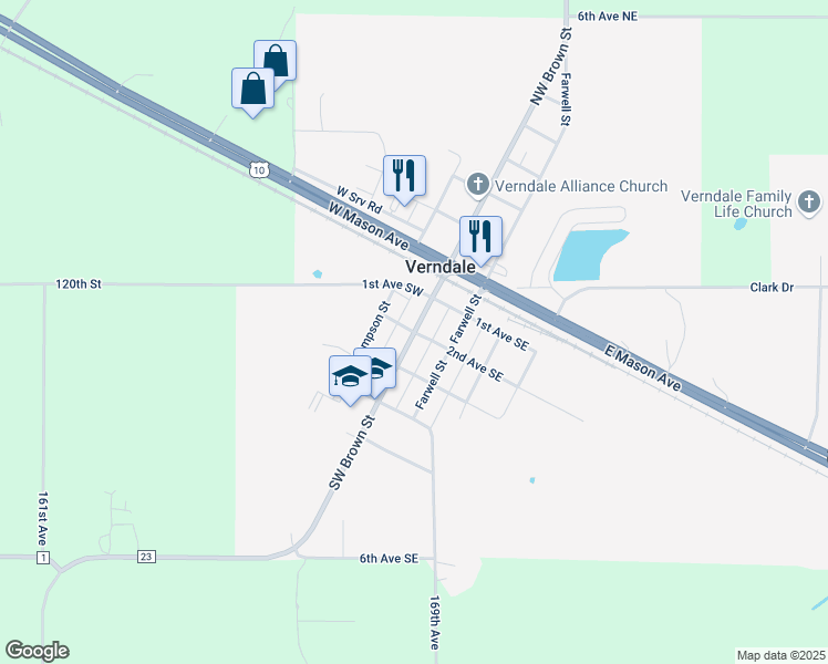 map of restaurants, bars, coffee shops, grocery stores, and more near County Road 23 in Verndale