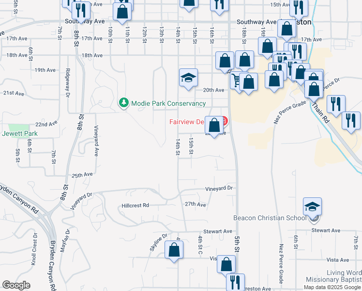 map of restaurants, bars, coffee shops, grocery stores, and more near 2327 14th Street in Lewiston