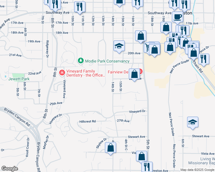 map of restaurants, bars, coffee shops, grocery stores, and more near 2141 13th Street in Lewiston