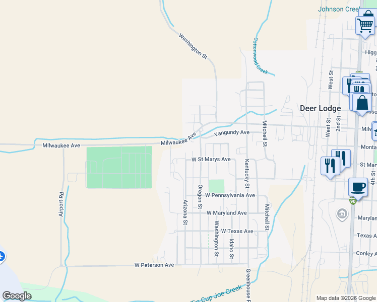 map of restaurants, bars, coffee shops, grocery stores, and more near 602 Oregon St in Deer Lodge