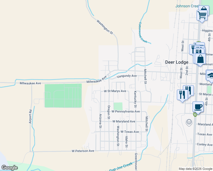 map of restaurants, bars, coffee shops, grocery stores, and more near 602 Oregon Street in Deer Lodge