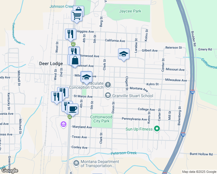 map of restaurants, bars, coffee shops, grocery stores, and more near 444 Montana Avenue in Deer Lodge