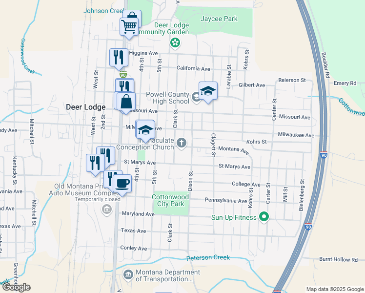 map of restaurants, bars, coffee shops, grocery stores, and more near 444 Montana Avenue in Deer Lodge