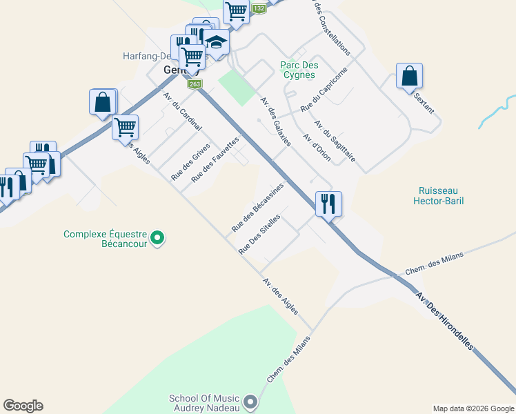 map of restaurants, bars, coffee shops, grocery stores, and more near Rue des Bécassines in Bécancour