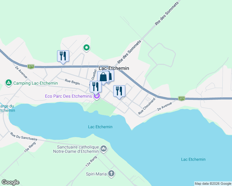 map of restaurants, bars, coffee shops, grocery stores, and more near 212 2e Avenue in Lac-Etchemin