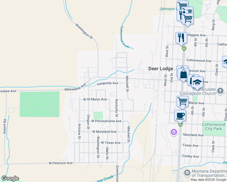 map of restaurants, bars, coffee shops, grocery stores, and more near 623 Kentucky Street in Deer Lodge