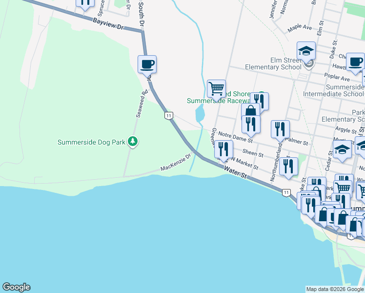 map of restaurants, bars, coffee shops, grocery stores, and more near 20 Mackenzie Drive in Summerside