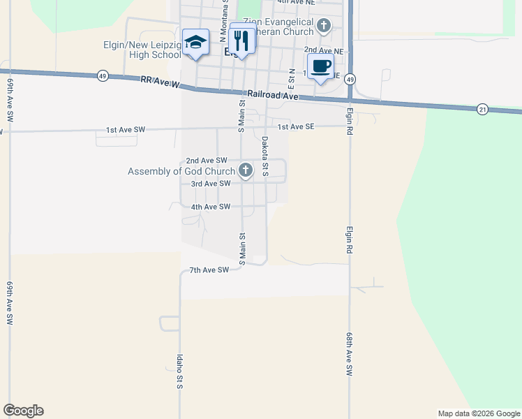 map of restaurants, bars, coffee shops, grocery stores, and more near 111 4th Avenue Southeast in Elgin