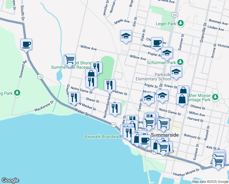 map of restaurants, bars, coffee shops, grocery stores, and more near 81 Palmer Street in Summerside