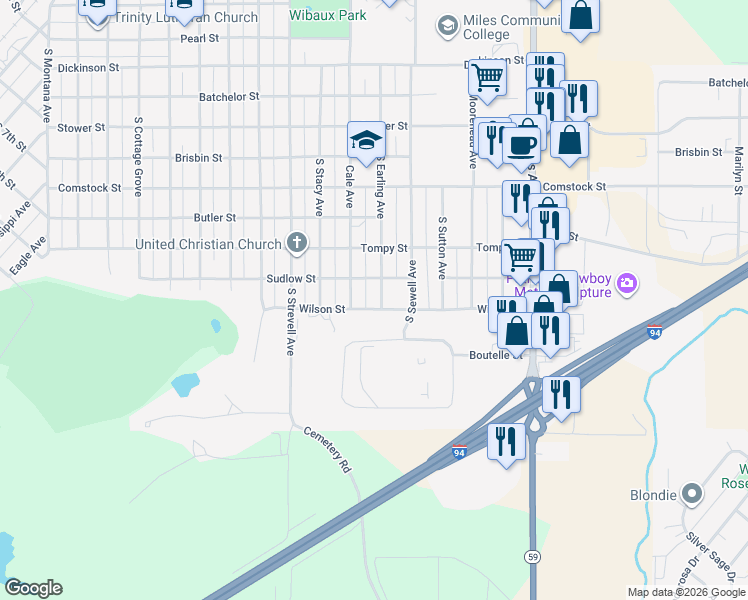 map of restaurants, bars, coffee shops, grocery stores, and more near 1018 Cale Avenue in Miles City