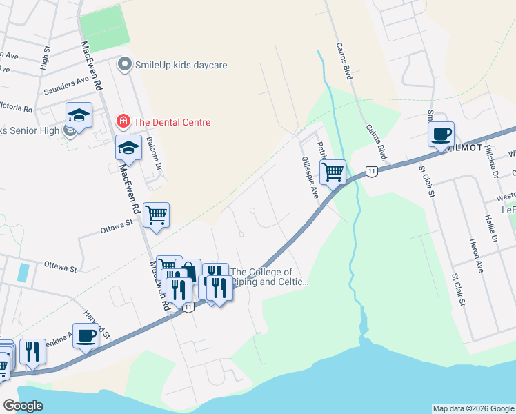 map of restaurants, bars, coffee shops, grocery stores, and more near 114 Bay Avenue in Summerside
