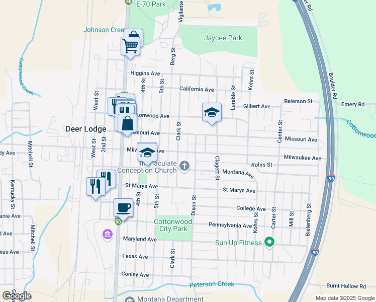 map of restaurants, bars, coffee shops, grocery stores, and more near 607 Milwaukee Avenue in Deer Lodge