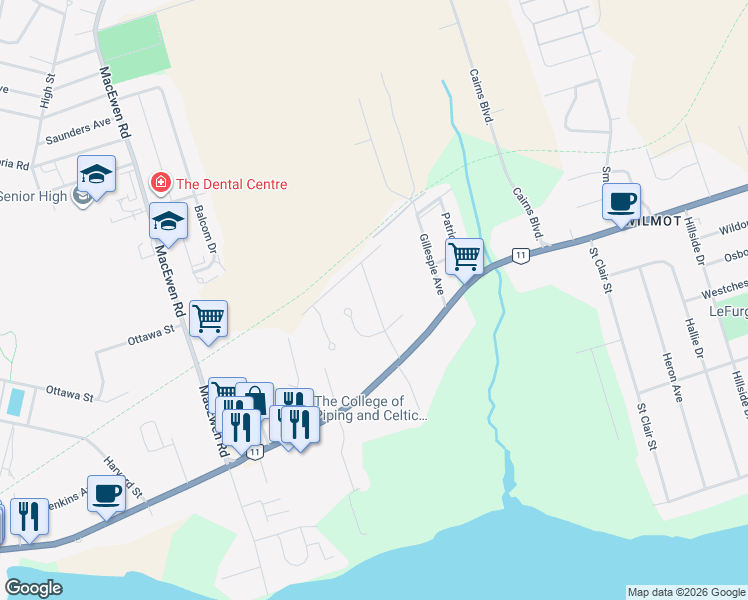 map of restaurants, bars, coffee shops, grocery stores, and more near 112 Bay Avenue in Summerside