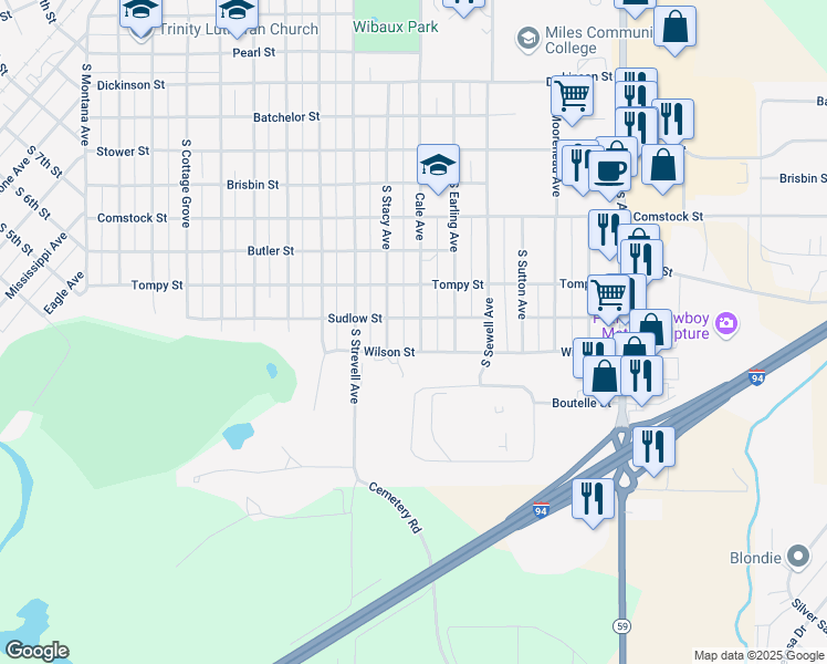 map of restaurants, bars, coffee shops, grocery stores, and more near 1107 Cale Avenue in Miles City