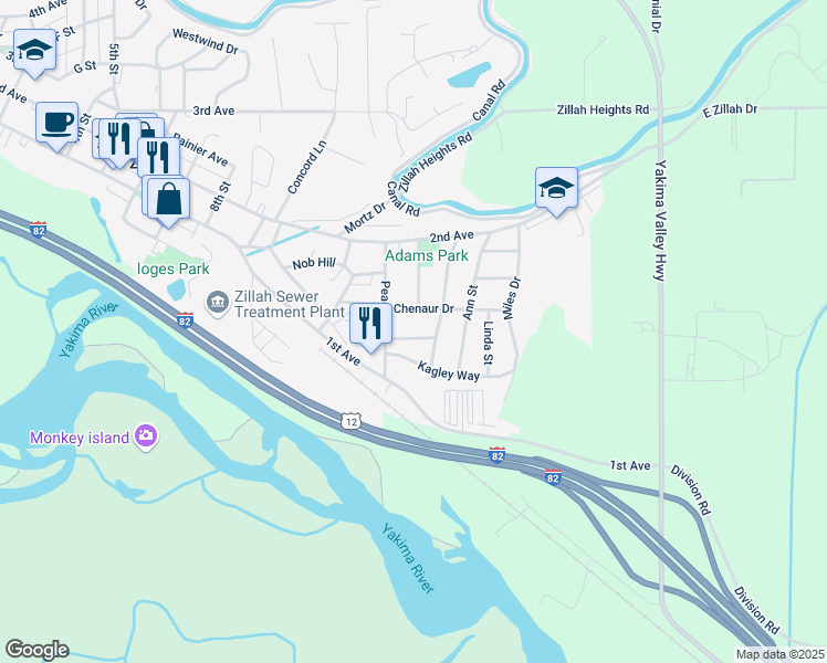 map of restaurants, bars, coffee shops, grocery stores, and more near 1309 Sharon Ave in Zillah
