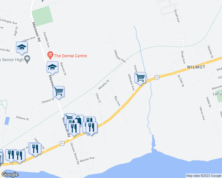 map of restaurants, bars, coffee shops, grocery stores, and more near 114 Bay Avenue in Summerside