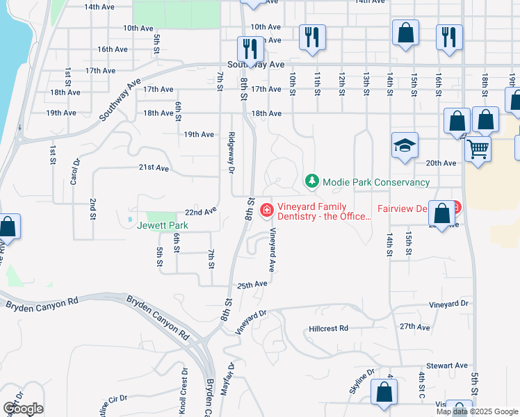 map of restaurants, bars, coffee shops, grocery stores, and more near 2114 Vineyard Avenue in Lewiston