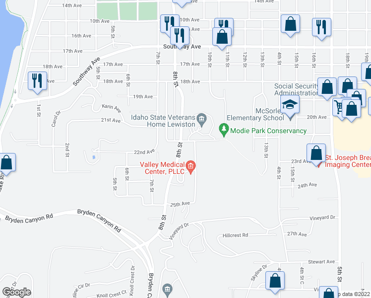 map of restaurants, bars, coffee shops, grocery stores, and more near 2114 Vineyard Avenue in Lewiston