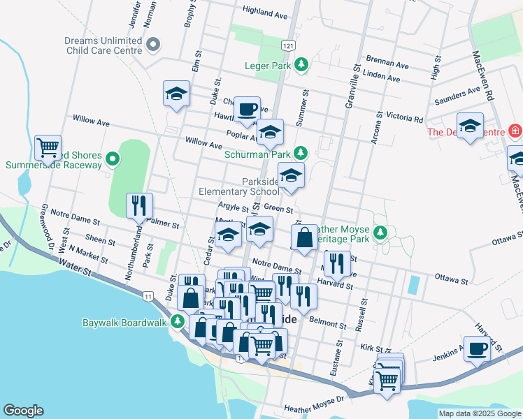 map of restaurants, bars, coffee shops, grocery stores, and more near 288 Green Street in Summerside