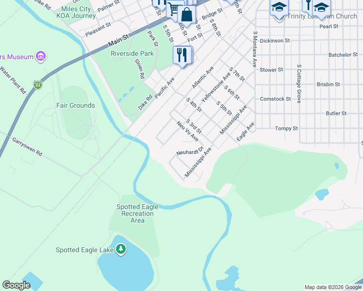 map of restaurants, bars, coffee shops, grocery stores, and more near 30 Remount Road in Miles City