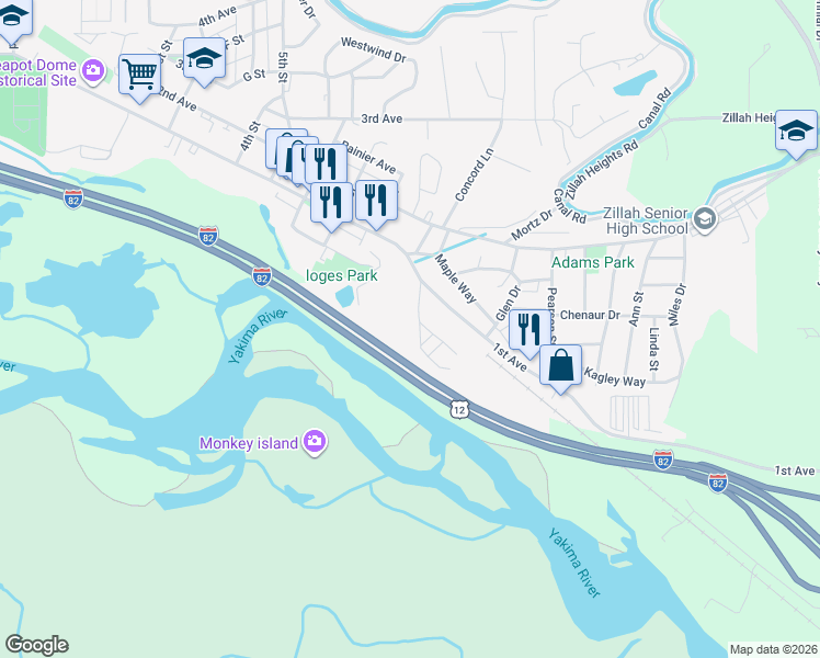 map of restaurants, bars, coffee shops, grocery stores, and more near 118 Meade Drive in Zillah