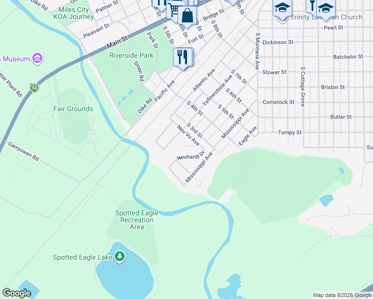map of restaurants, bars, coffee shops, grocery stores, and more near 30 Remount Road in Miles City