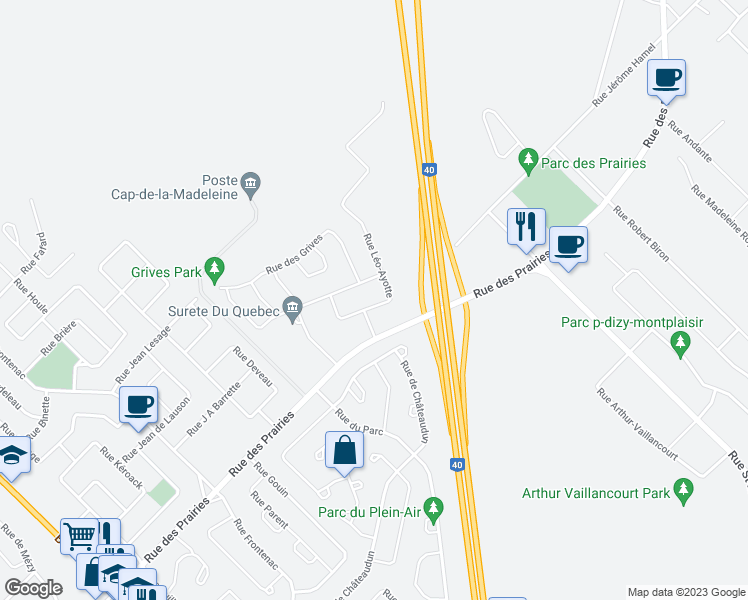 map of restaurants, bars, coffee shops, grocery stores, and more near 1599 Rue Léo-Ayotte in Trois-Rivières