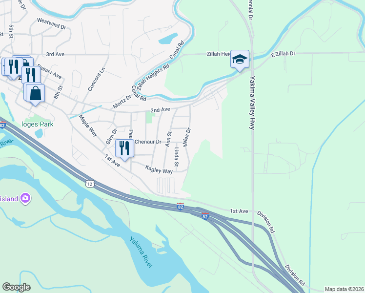map of restaurants, bars, coffee shops, grocery stores, and more near 114 Miles Drive in Zillah