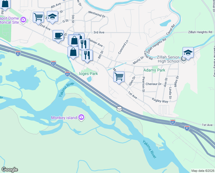 map of restaurants, bars, coffee shops, grocery stores, and more near 118 Meade Drive in Zillah