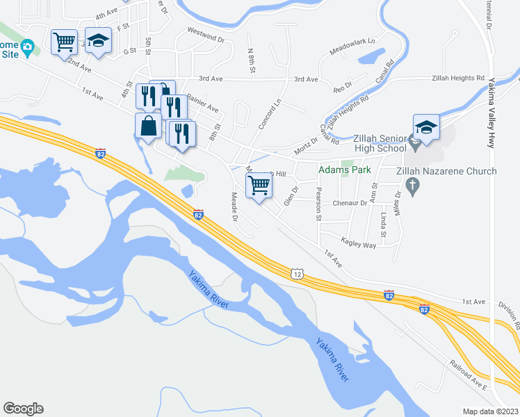 map of restaurants, bars, coffee shops, grocery stores, and more near 111 Meade Drive in Zillah
