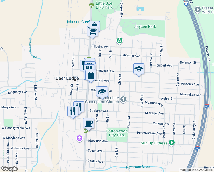 map of restaurants, bars, coffee shops, grocery stores, and more near 412 5th Street in Deer Lodge