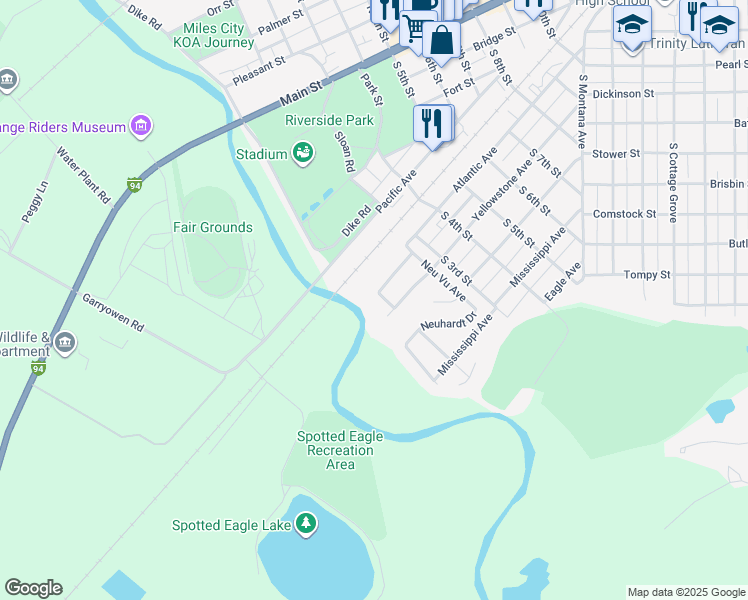 map of restaurants, bars, coffee shops, grocery stores, and more near 315 Charles Street in Miles City