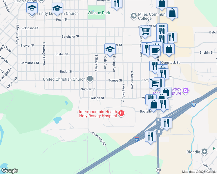 map of restaurants, bars, coffee shops, grocery stores, and more near 1018 Cale Avenue in Miles City