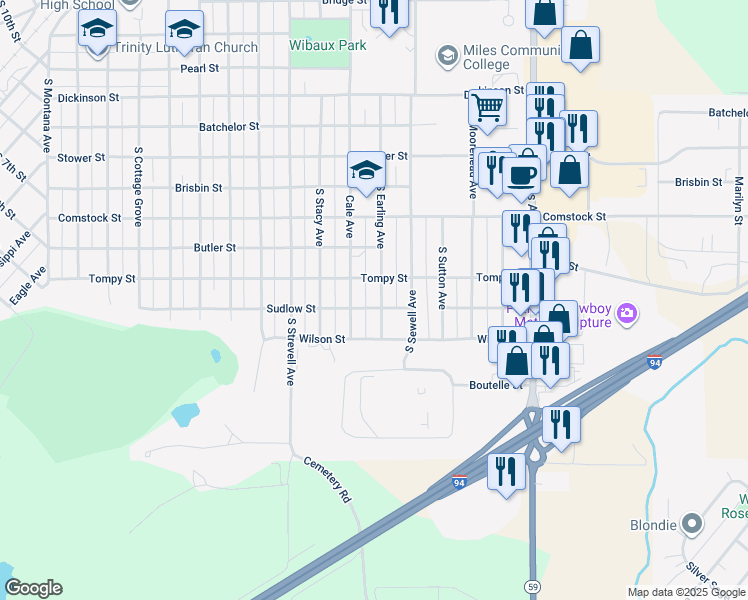 map of restaurants, bars, coffee shops, grocery stores, and more near 1018 Cale Avenue in Miles City
