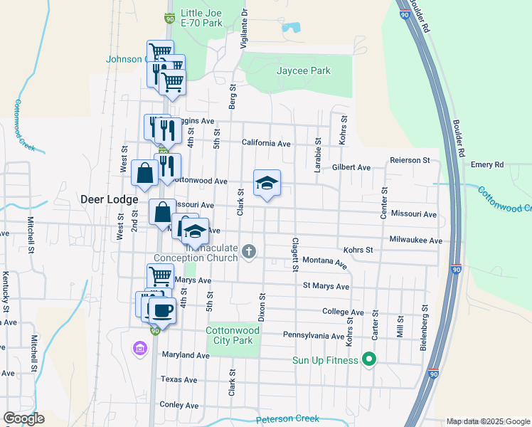 map of restaurants, bars, coffee shops, grocery stores, and more near 607 Milwaukee Avenue in Deer Lodge