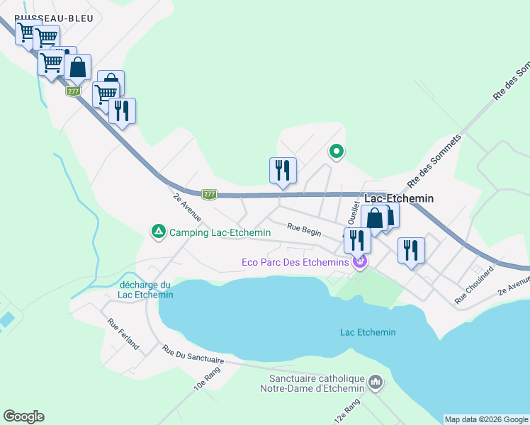 map of restaurants, bars, coffee shops, grocery stores, and more near 282 2e Avenue in Lac-Etchemin