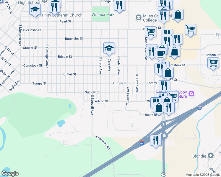 map of restaurants, bars, coffee shops, grocery stores, and more near 1107 Cale Avenue in Miles City