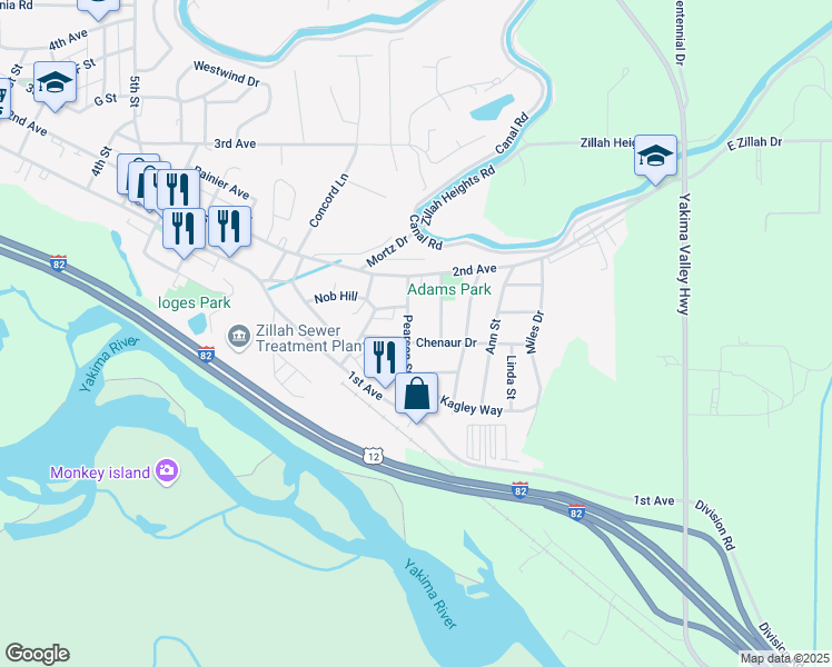 map of restaurants, bars, coffee shops, grocery stores, and more near 212 Adams Park Dr in Zillah