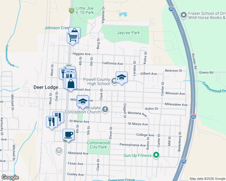 map of restaurants, bars, coffee shops, grocery stores, and more near 709 Missouri Avenue in Deer Lodge
