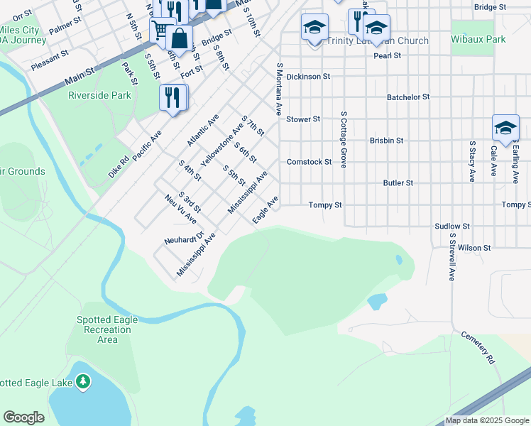 map of restaurants, bars, coffee shops, grocery stores, and more near 620 South 5th Street in Miles City