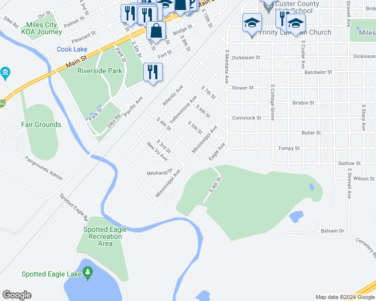 map of restaurants, bars, coffee shops, grocery stores, and more near 316 Missouri Avenue in Miles City