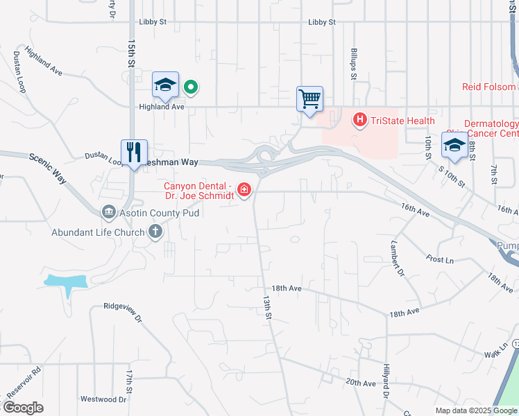map of restaurants, bars, coffee shops, grocery stores, and more near 1623 13th Street in Clarkston