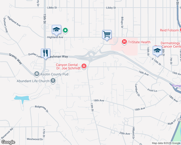 map of restaurants, bars, coffee shops, grocery stores, and more near 1623 13th Street in Clarkston