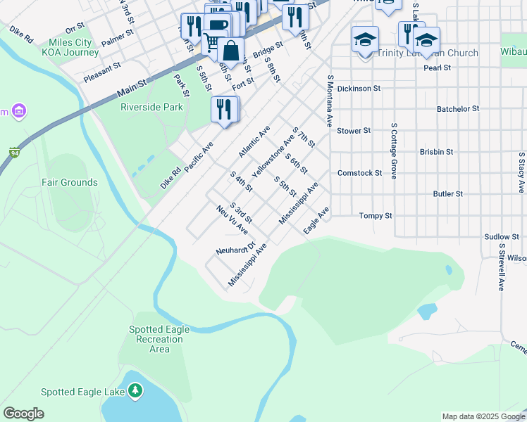 map of restaurants, bars, coffee shops, grocery stores, and more near 316 Missouri Avenue in Miles City